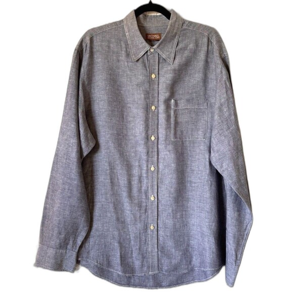 Michael Kors Shirt Men XL Blue Linen Cotton Blend Tailored Classic Fit Casual - Picture 1 of 9
